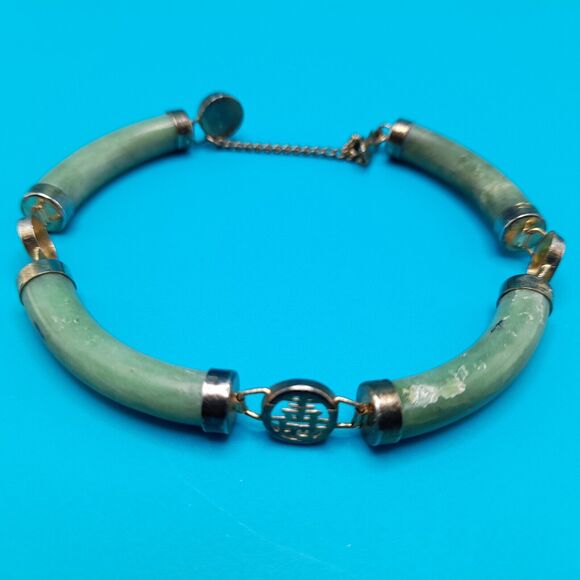 Vintage Asian Green Jade Gold Tone 7" Link Bracelet Safety Chain Push Lock Clasp - Picture 6 of 10